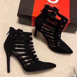 Guess black stripy high heels with buckle design.